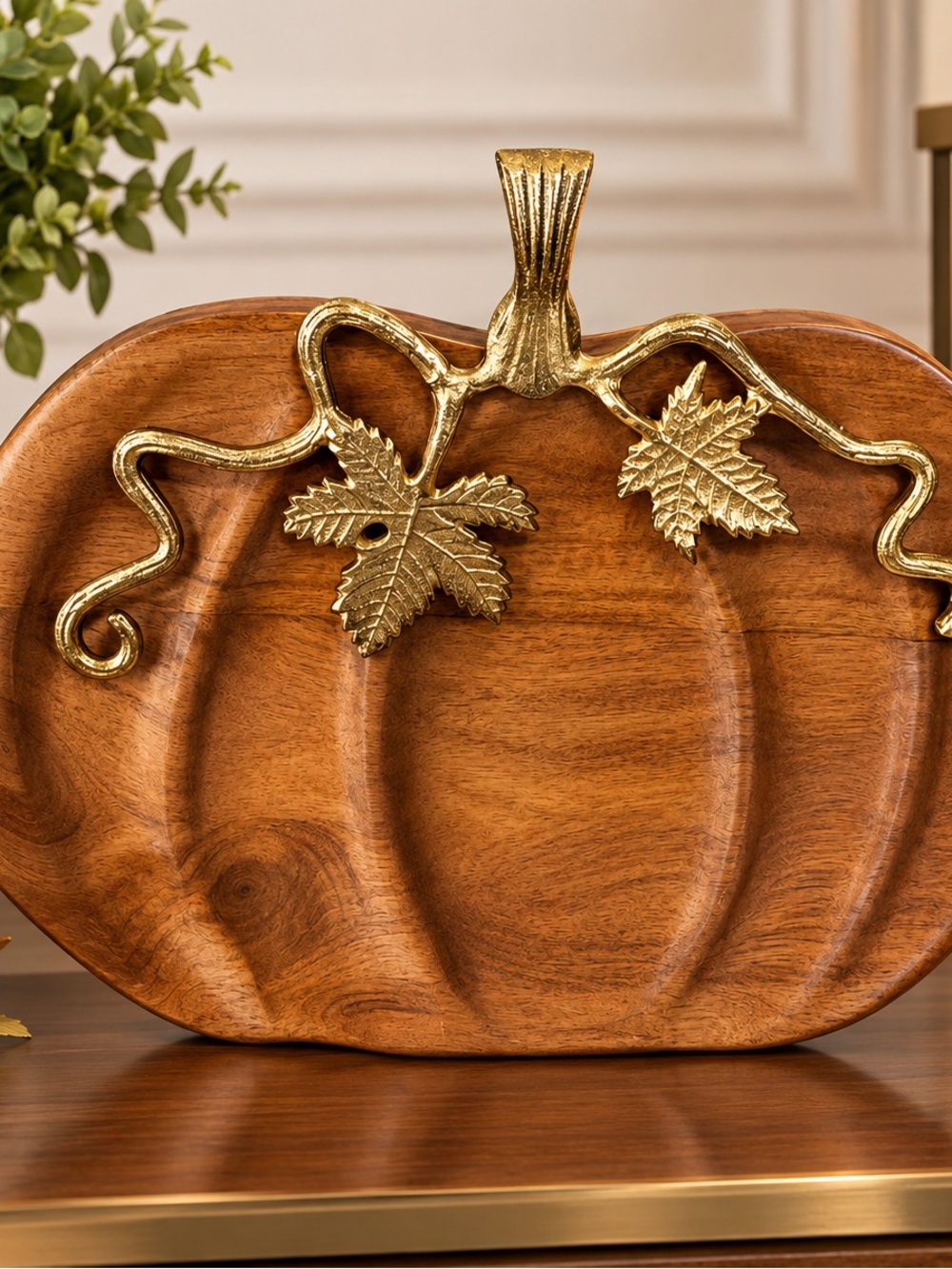 Gold-Accent Pumpkin Serving Platter - Decorative Wooden Tray